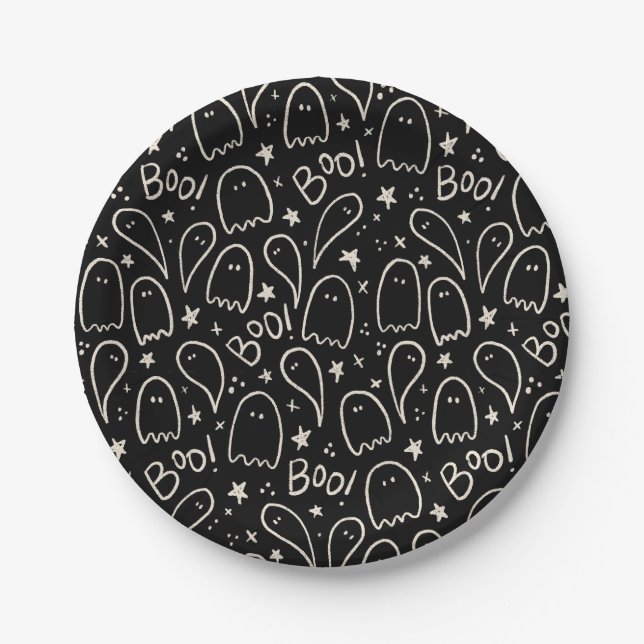 Black White Ghosts Halloween Party Paper Plate (Front)