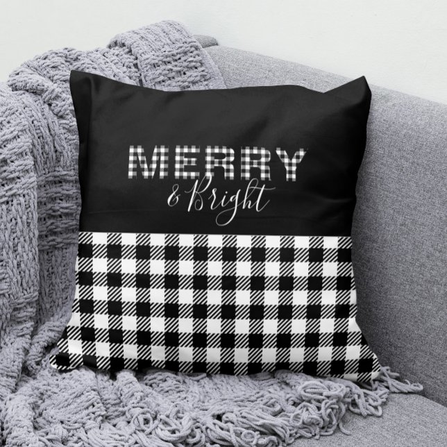 Black & White Gingham Buffalo Check Merry & Bright Cushion (Merry and Bright Gingham / Buffalo Check Pillow in Black and White)