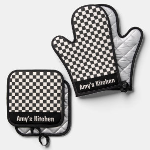 Black White Gingham Checks Design Oven Mitt & Pot Holder Set