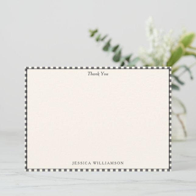 Black White Gingham Elegant Simple Thank You Note Card (Standing Front)