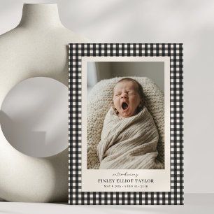 Black White Gingham Introducing Baby Photo Birth Announcement