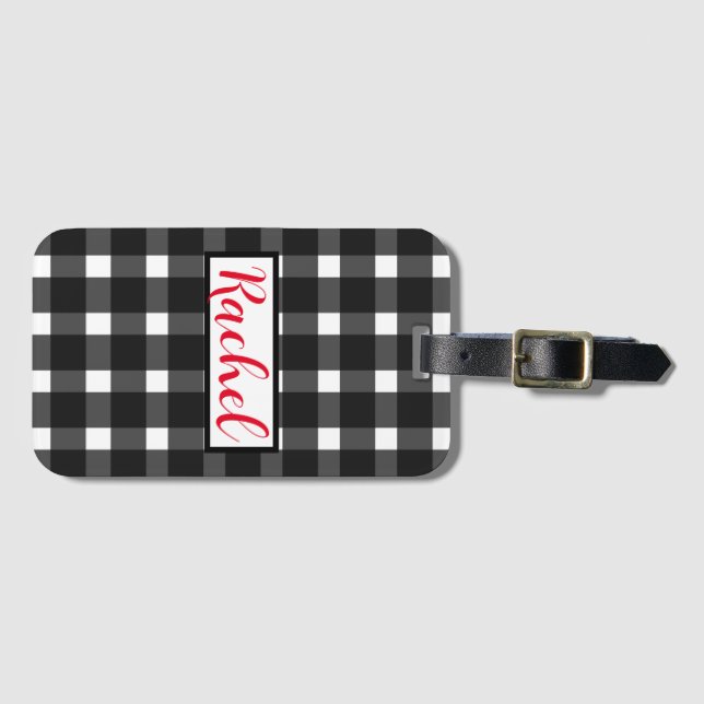 Black White Gingham Personalised  Luggage Tag (Front Horizontal)
