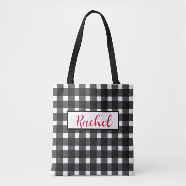 Black White Gingham Personalised Tote Bag (Front)
