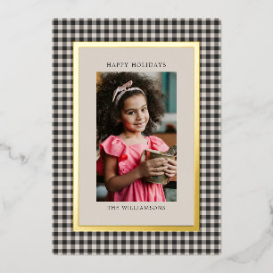 Black White Gingham Plaid Christmas Photo Gold