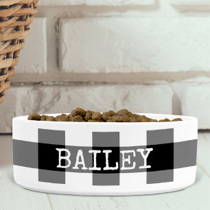 Black White Gingham Plaid Personalised Dog Bowl