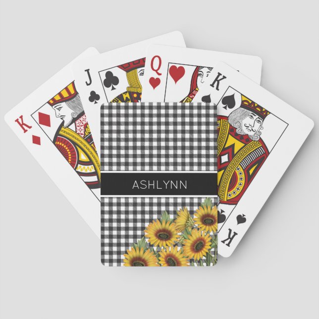 Black White Gingham Plaid Sunflowers Playing Cards (Back)