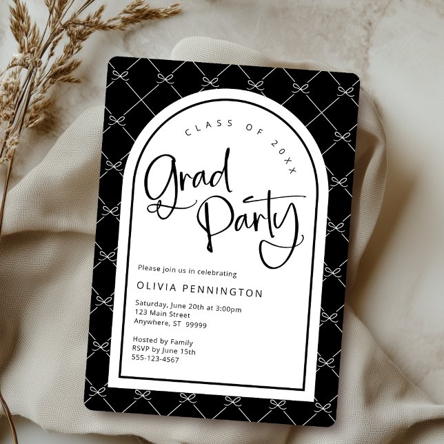 Black White Girly Bows Pattern Graduation Party  Invitation (Shown on a 5" x 7" invitation with Rounded Corner Style)