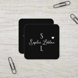 Black White Girly Calligraphy Monogrammed Square Business Card
