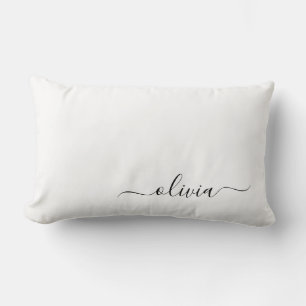 Black White Girly Script Monogram Name Modern Lumbar Cushion