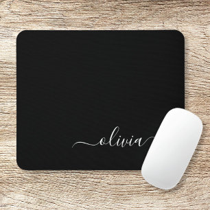 Black White Girly Script Monogram Name Modern Mouse Pad