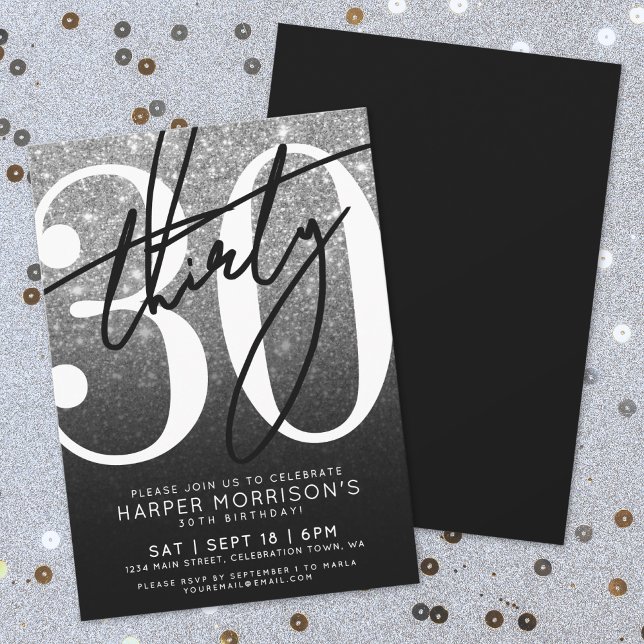 Black White Glitter 30th Birthday Invitation (Black White Glitter 30th Birthday Invitation)