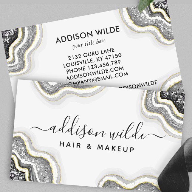 Black White Glitter Agate Geode Luxe Chic Business Card (Creator Uploaded)
