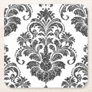 Black/White Glitter Damask Coasters