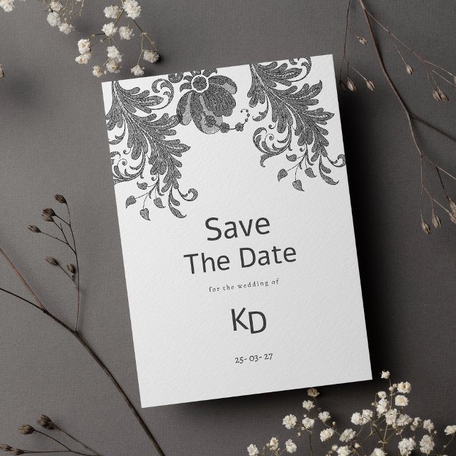 Black white glitter floral lace Save The Date  Invitation (Black white glitter floral lace Save The Date )