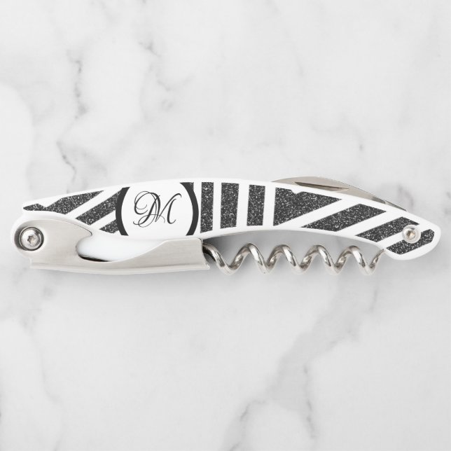 Black White Glitter Geometric Striped Corkscrew (Front)