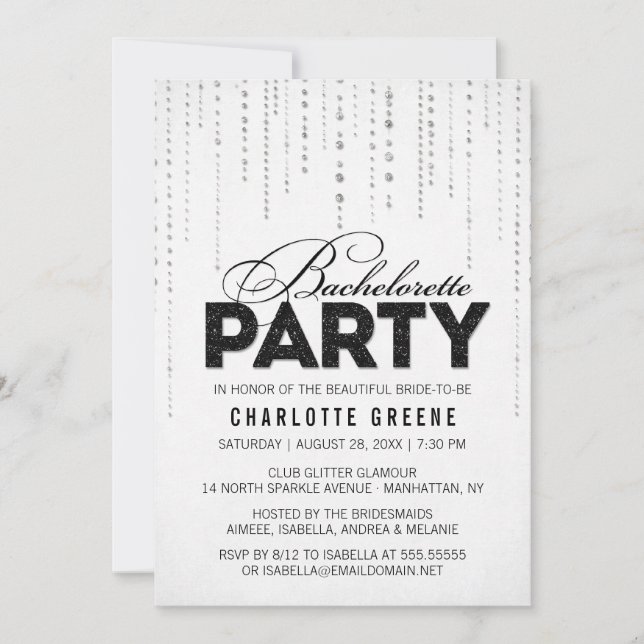 Black & White Glitter Look Bachelorette Party Invitation (Front)