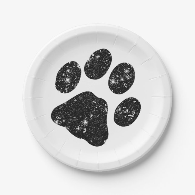 Black White Glitter Paw Print Paper Plate (Front)