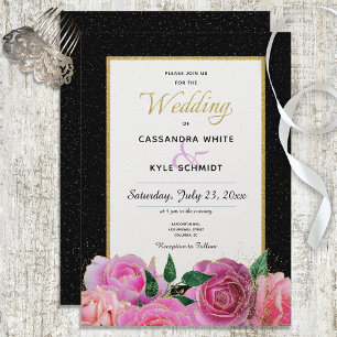 Black & White Glitter & Pink Roses Wedding Invitation