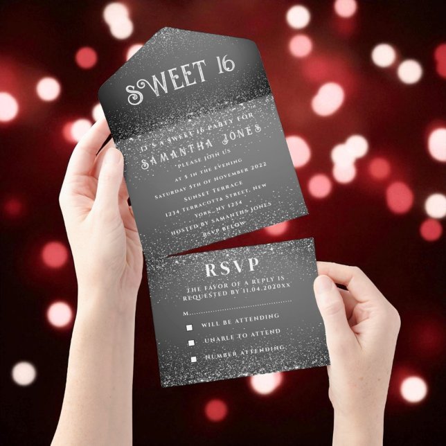 Black White Glitter Sparkle Modern Sweet 16 All In One Invitation (Creator Uploaded)