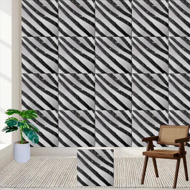 Black White Glitter Stripe Floor Ceramic Tile (Black White Glitter Stripe Floor Ceramic Tile)