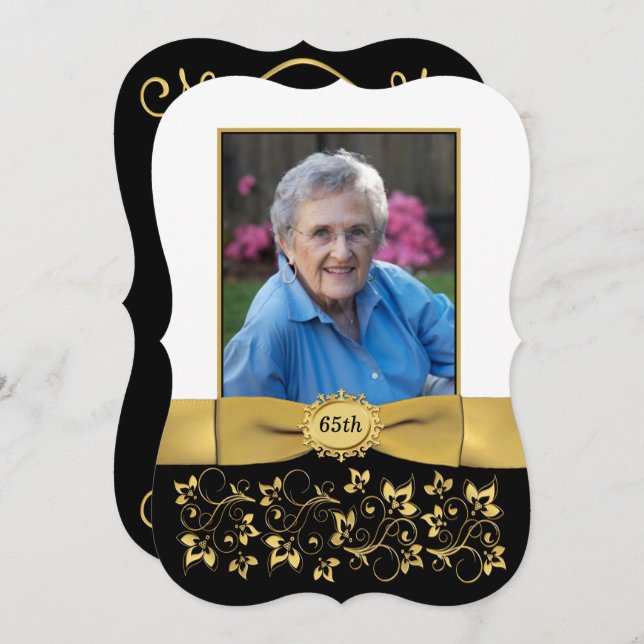 Black, White, Gold 65th Photo Birthday Invitation (Front/Back)