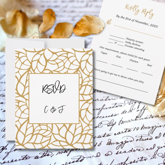 Black White Gold Abstract Botanical RSVP Card (Black White Gold Abstract Botanical RSVP Card)