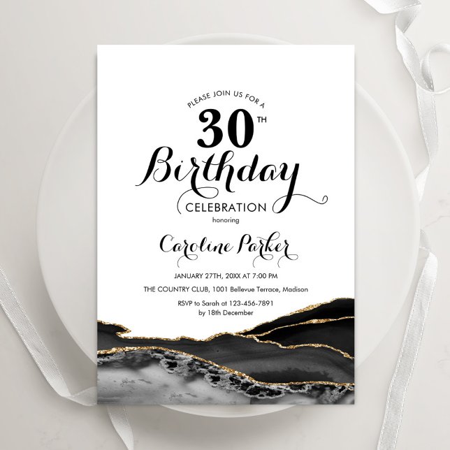 Black White Gold Agate 30th Birthday Invitation (Creator Uploaded)