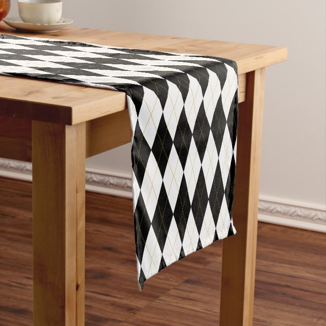 Black | White | Gold Argyle Pattern Short Table Runner (In Situ)
