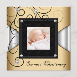 Black White Gold Baby Girl Photo Christening Invitation