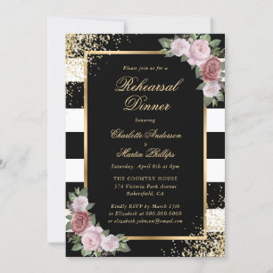 Black White Gold Blush Floral Rehearsal Dinner Invitation