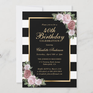 Black White Gold Blush Pink Floral 40th Birthday Invitation