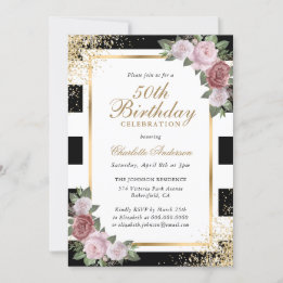 Black White Gold Blush Pink Floral 50th Birthday Invitation