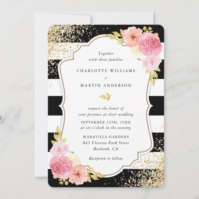 Black White Gold Blush Pink Floral Wedding Invitation (Front)