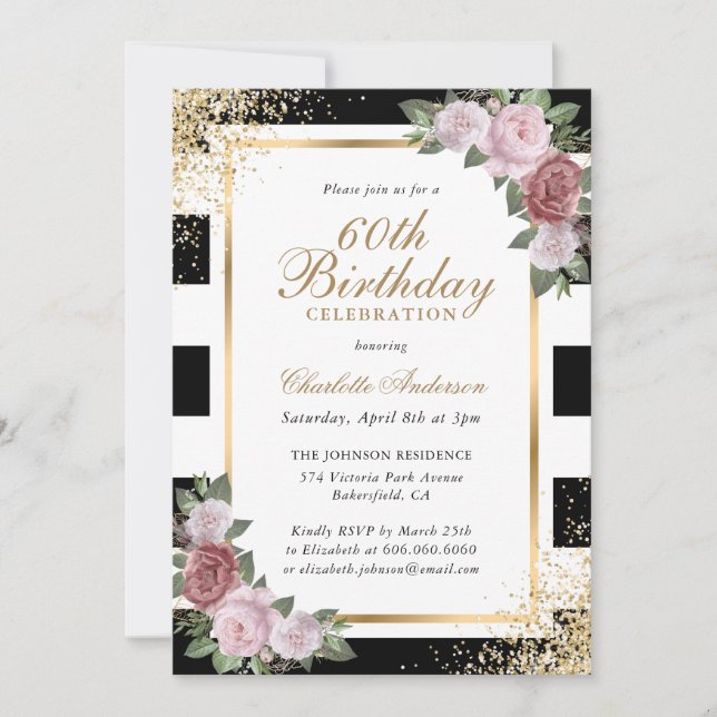 Black White Gold Blush Pink Rose 60th Birthday Invitation (Front)