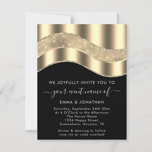 Black White Gold Border Glitter Wave QR Code (Front)