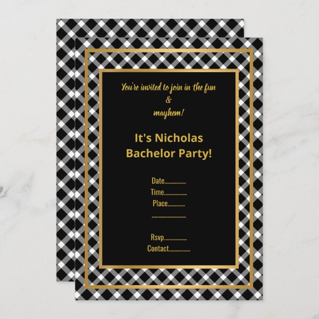 BLACK WHITE GOLD CHECK BACHELOR PARTY INVITE (Front/Back)