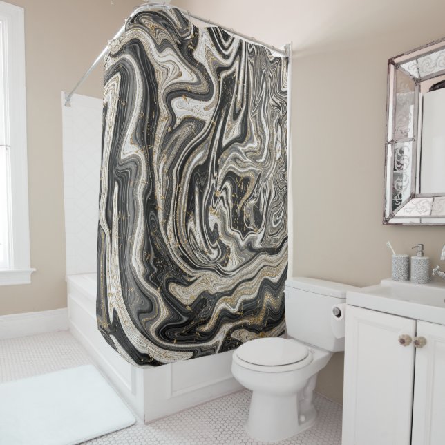 Black White & Gold Chic Swirl Modern Abstract Shower Curtain (In Situ)