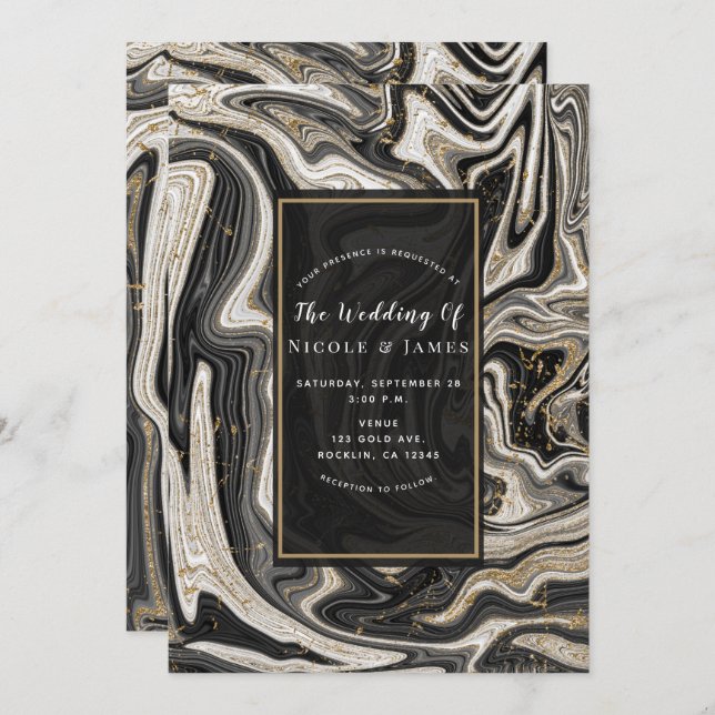 Black White & Gold Chic Swirl Modern Wedding Invitation (Front/Back)