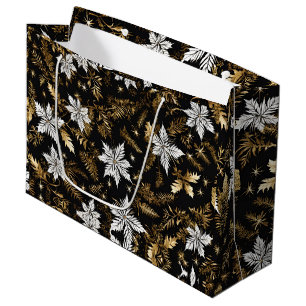 Black White Gold Christmas Flower Large Gift Bag