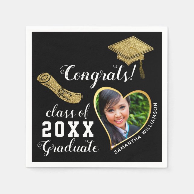 Black White Gold Class 2025 Grad Photo Graduation Napkin (Front)