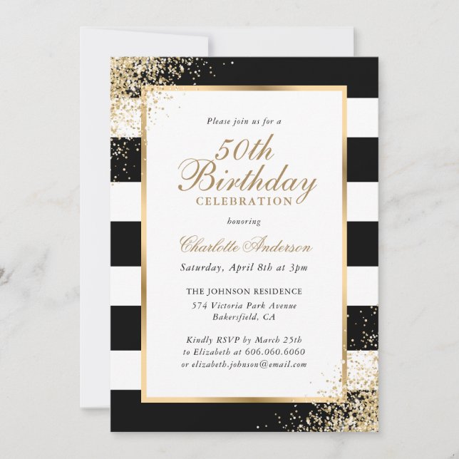 Black White Gold Confetti 50th Birthday Invitation (Front)