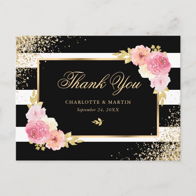 Black White Gold Confetti Blush Floral Thank You Postcard (Front)
