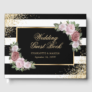 Black White Gold Confetti Blush Floral Wedding Guest Book