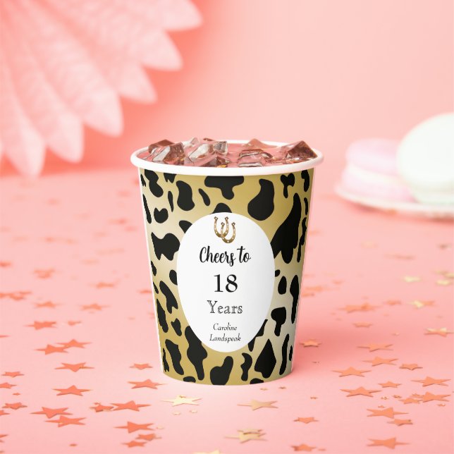 Black White Gold Cow Spots & Horseshoe Birthday Paper Cups (Insitu)