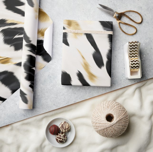 Black White Gold Cowhide Birthday Wrapping Paper (Crafts)