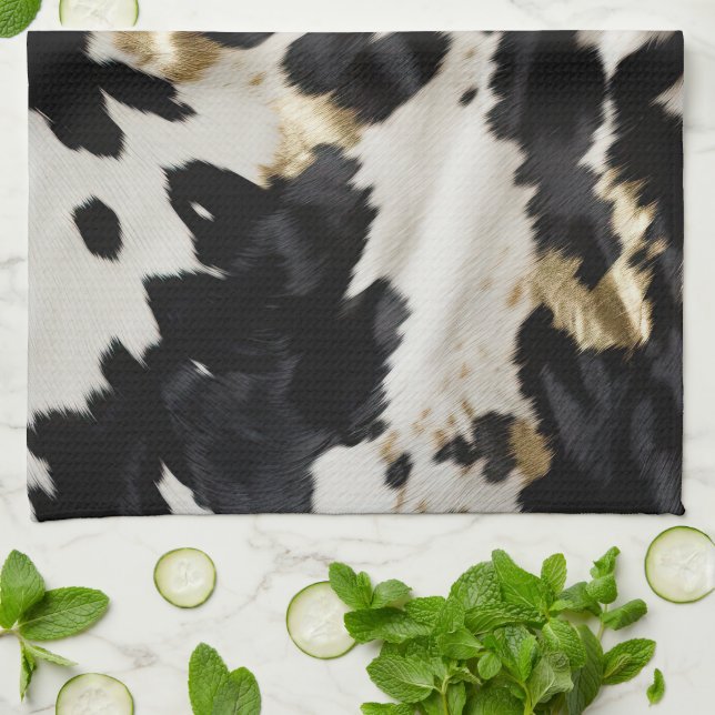 Black White Gold Cowhide Tea Towel (Folded)
