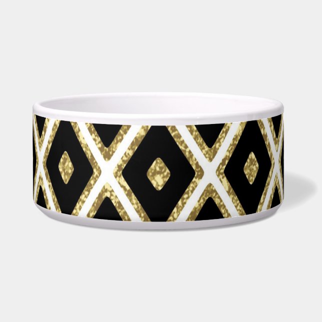 BLACK WHITE GOLD DIAMOND PATTERN DOG/CAT BOWL (Front)
