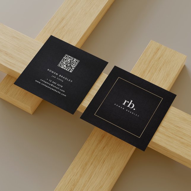 Black White Gold Fabric Effect Elegant QR Code Square Business Card (Creator Uploaded)