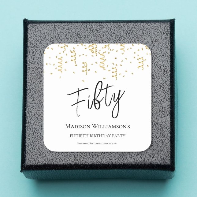 Black, White & Gold Fifty , 50th Birthday Party   Square Sticker (Creator Uploaded)