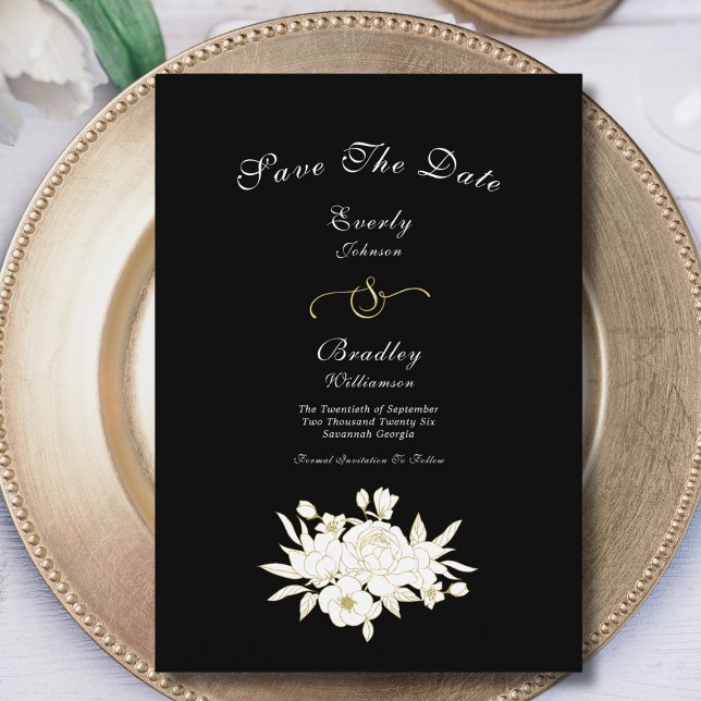 Black White Gold Floral Roses Elegant Traditional Save The Date (Creator Uploaded)